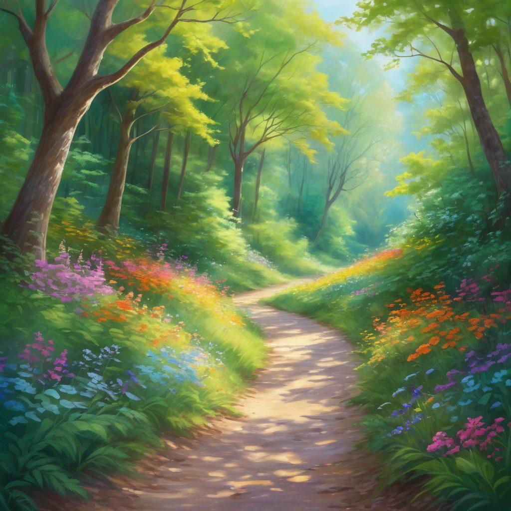 A serene path winding through a vibrant forest, dappled sunlight filtering through lush green leaves, where colorful flowers bloom alongside the trail, symbolizing positive emotions and growth. A distant figure walks joyfully, embodying tranquility and happiness. Soft pastel colors enhance the atmosphere of peace and flourishing. digital painting. vibrant colors. whimsical style.