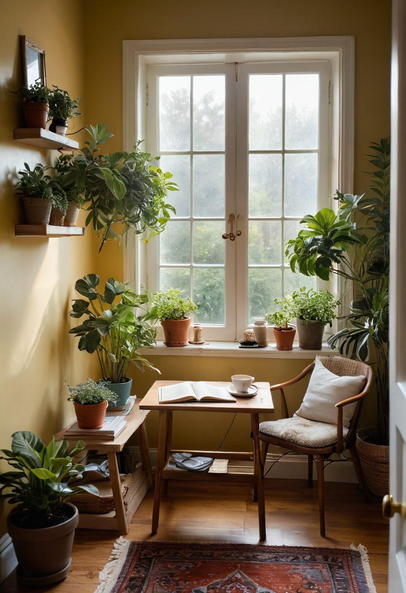 A serene scene featuring a cozy reading nook bathed in warm sunlight, with an open journal and a steaming cup of herbal tea on a small table. Surrounding the nook are lush indoor plants and calming artwork on the walls, symbolizing tranquility and self-care. The overall atmosphere conveys a sense of peace and joy, inviting viewers to reflect on their own self-care routines. vibrant colors. super-realistic. cozy aesthetic.