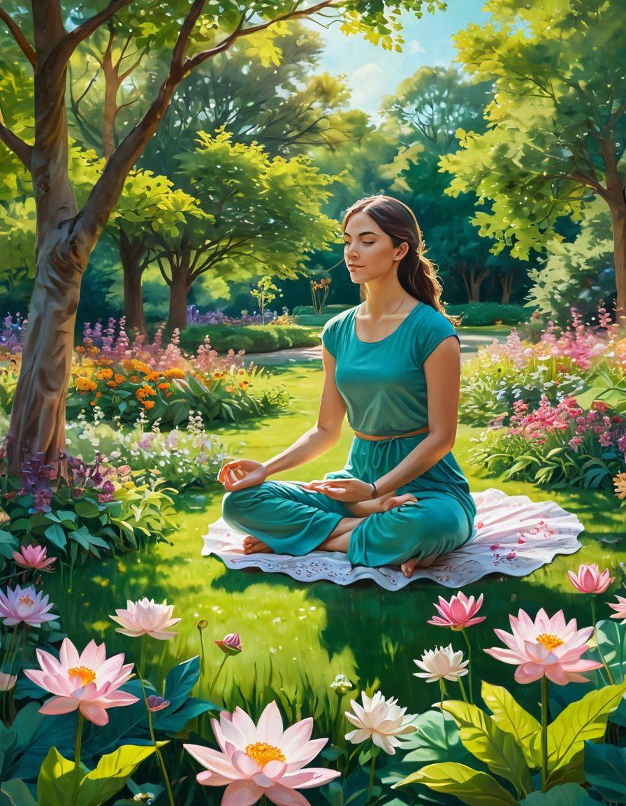 A serene landscape featuring a person practicing mindfulness in a lush green park, surrounded by colorful flowers and trees. Sunlight filtering through the leaves, creating a warm glow. Joyful expressions on faces of people engaged in various joyful activities, such as painting, dancing, and meditating. Symbols of mental wellness like lotus flowers and dreamcatchers subtly integrated into the scenery. pastel colors. vibrant atmosphere.
